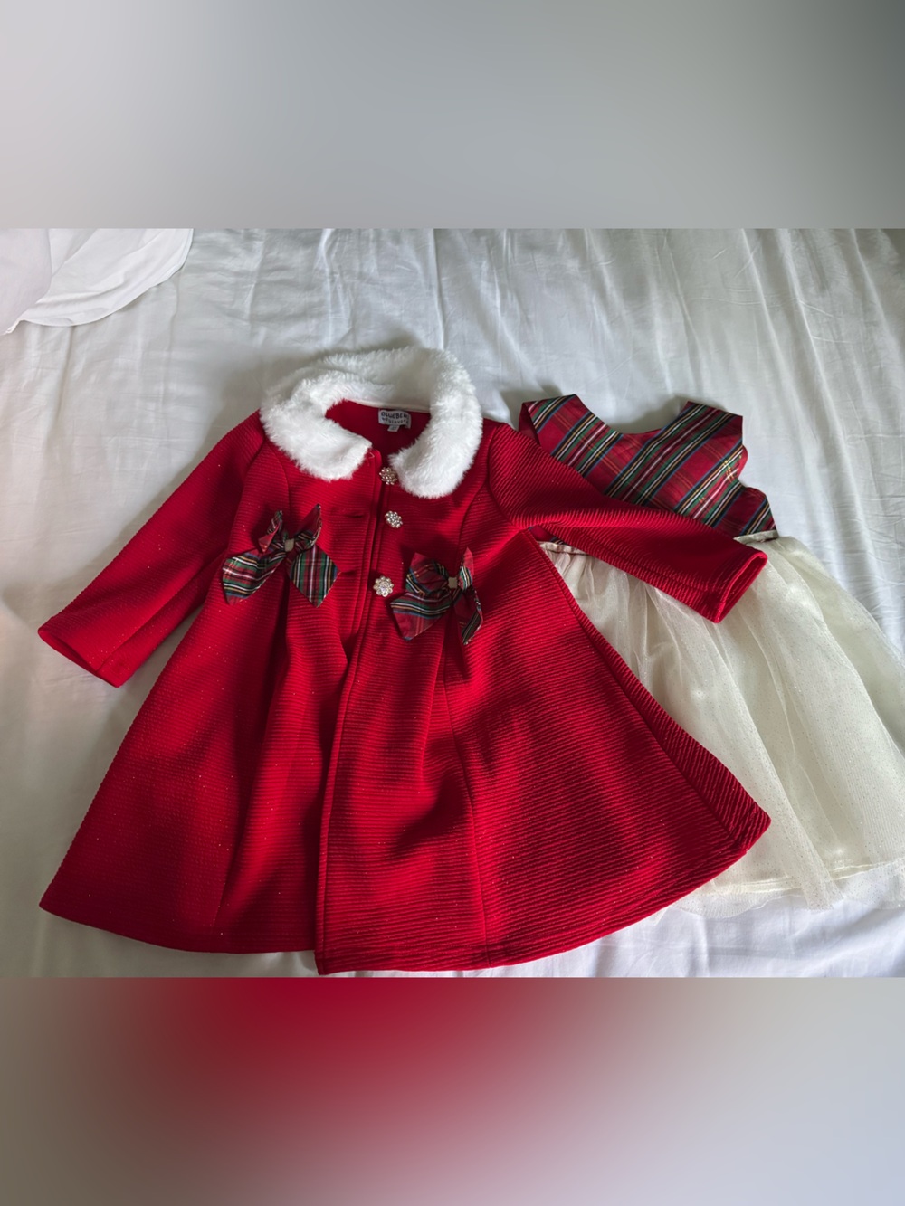 Blueberi Boulevard Red Girls' Coat with White Faux Fur Collar and matching Dress
